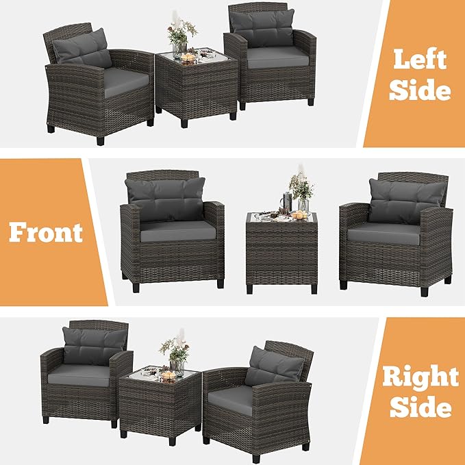 Shintenchi 3 Pieces Patio Furniture Set 3 Pieces PE Rattan Wicker Chairs with Table Outdoor Furniture for Backyard/Garden/Poolside/Outdoor Restaurant Gary Rattan with Gary Cushion