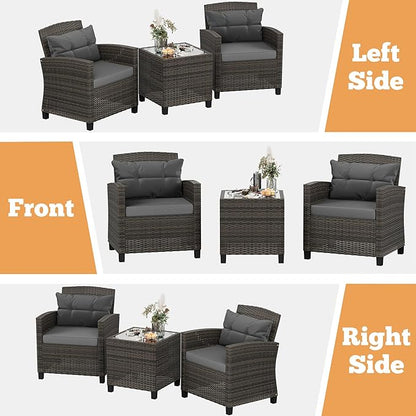 Shintenchi 3 Pieces Patio Furniture Set 3 Pieces PE Rattan Wicker Chairs with Table Outdoor Furniture for Backyard/Garden/Poolside/Outdoor Restaurant Gary Rattan with Gary Cushion