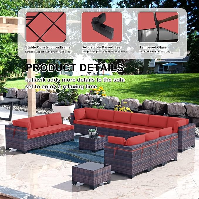 Kullavik 14PCS Outdoor Patio Furniture Set PE Wicker Rattan Sectional Sofa Patio Conversation Sets,Red