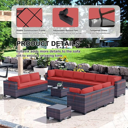 Kullavik 14PCS Outdoor Patio Furniture Set PE Wicker Rattan Sectional Sofa Patio Conversation Sets,Red