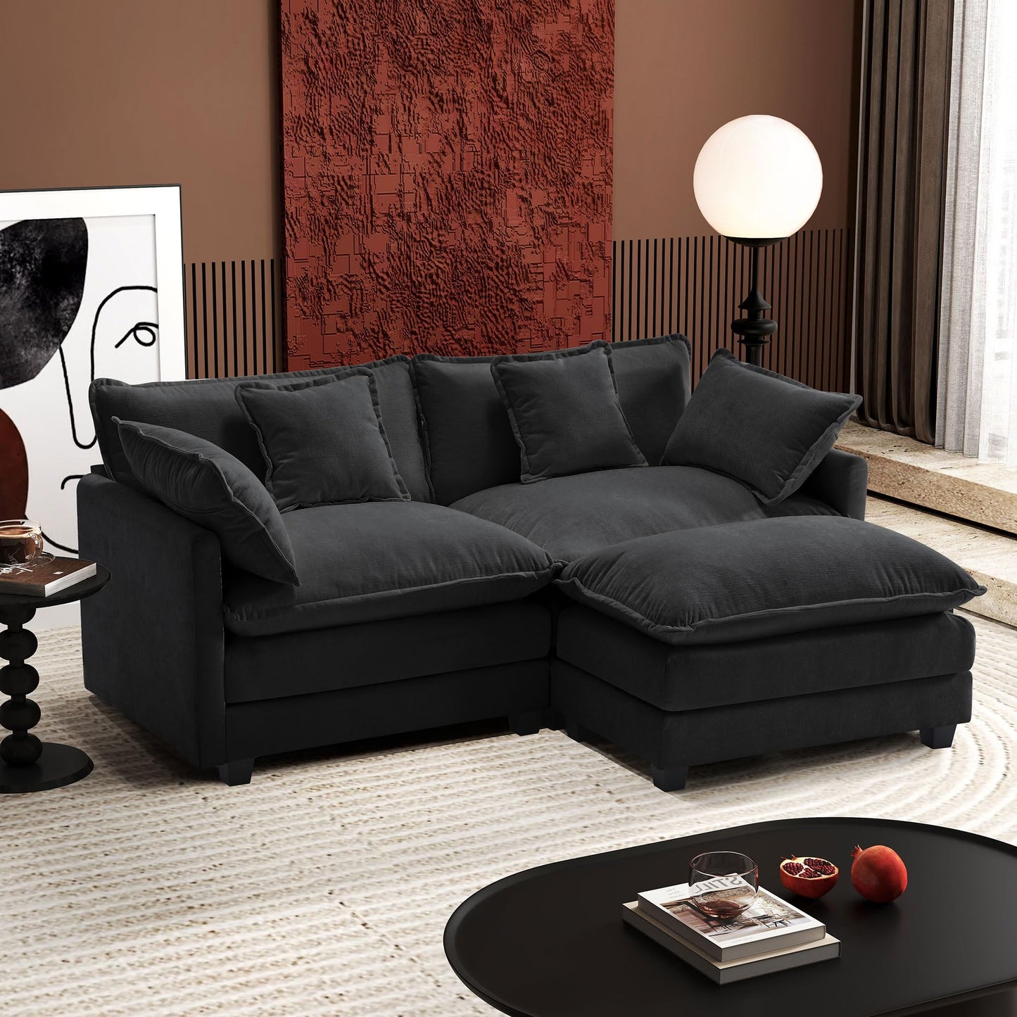 Ihanherry 111.4" L Shaped Modern Sofa Modular Sectional Cloud Couch with Ottoman, 4-Seat Chenille Deep Seat Sofa with Pillow for Living Room, Bedroom and Apartment, Beige