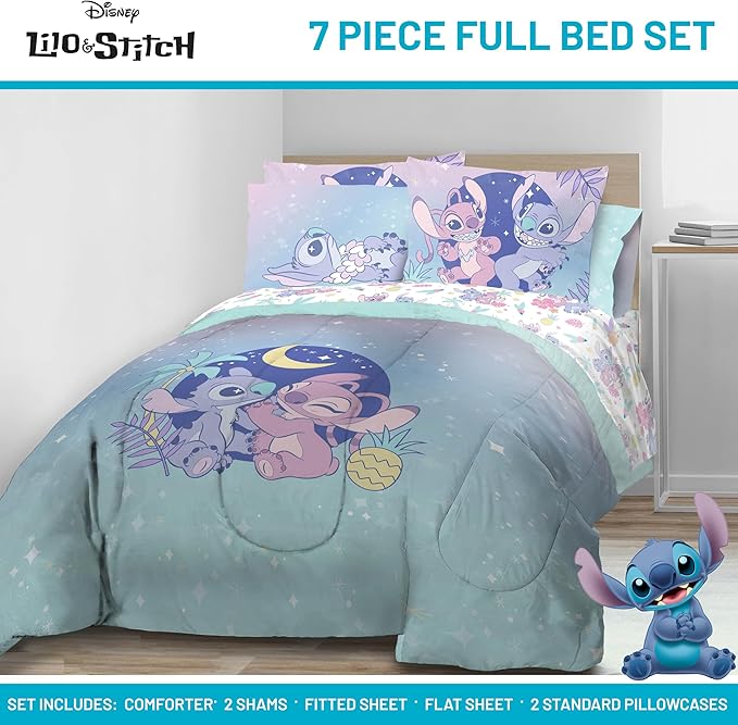 Disney Lilo and Stitch Full Size Comforter Set - 7 Piece Floral Bedding includes Sheet Set & Pillow Covers Features Angel - Super Soft Purple & Teal Stars Kids Bedding