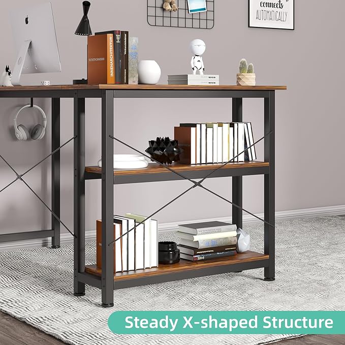 COTUBLR L Shaped Computer Desk, 47 Inch Small Corner Desk with Storage Shelves, Computer Desk Table Laptop Table Writing Desk Study Table for Home Office Workstation Small Spaces (Rustic Brown)