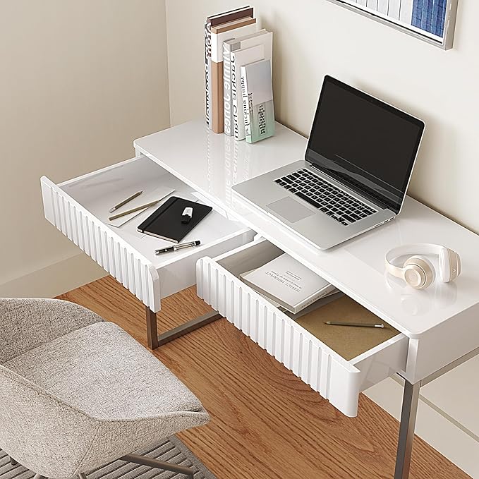 White Vanity Desk with 2 Drawers, Silver and White Desk,Home Office Desk Modern Makeup Vanity Table with Glossy Desktop,Writing Computer Standing Desk with Wood Top and Metal Legs
