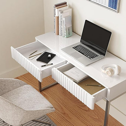 White Vanity Desk with 2 Drawers, Silver and White Desk,Home Office Desk Modern Makeup Vanity Table with Glossy Desktop,Writing Computer Standing Desk with Wood Top and Metal Legs