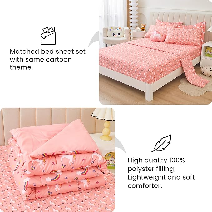 Mooreeke Full Size Comforter Sets for Girls Kids, 8 Pieces Bed in a Bag Pink Unicorn Rainbow Bedding Comforter Sheet Set with Shams and Decorative Toy Pillow, Ultral Soft Microfiber Kids Bed Set