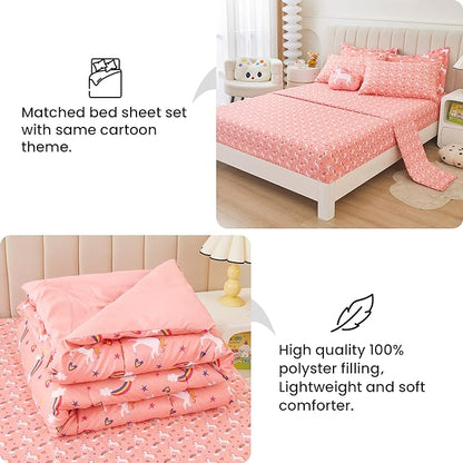 Mooreeke Full Size Comforter Sets for Girls Kids, 8 Pieces Bed in a Bag Pink Unicorn Rainbow Bedding Comforter Sheet Set with Shams and Decorative Toy Pillow, Ultral Soft Microfiber Kids Bed Set