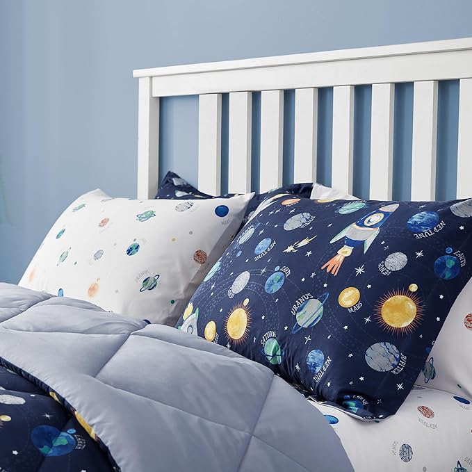 Kids Bedding Set for Boys, Queen Size 7 Pieces Space Themed Bed in a Bag, Super Soft Lightweight Microfiber Comforter Set with Sheets, Hotel Quality Durable Children Bed Set