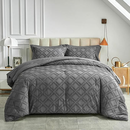7 Pieces Tufted Bed in a Bag Queen Comforter Set with Sheets Dark Grey, Soft and Embroidery Shabby Chic Boho Bohemian, Solid Color with Diamond Pattern, Jacquard Tufts Bedding Set for All Season