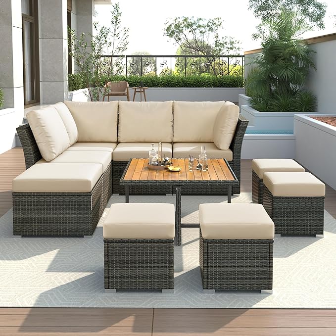 9 Pieces Outdoor Furniture All Weather Patio Sectional Sofa PE Wicker Modular Conversation Sets with Coffee Table and Storage Ottoman, Onesize, Ze-Grey