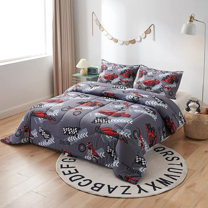 beeweed 2 Piece Kid Comforter Set Twin Size, Racing Car Bedding Set for Teen Boys Girls