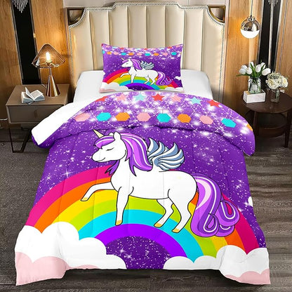 Unicorn Twin Comforter Set for Girls Twin Girls Bedding Set Cute Rainbow Unicorn Comforter Set for Kids Cartoon Girls Bedding Sets Twin Unicorn Print Bedding Sets, Purple, 1 Comforter+1 Pillowcase