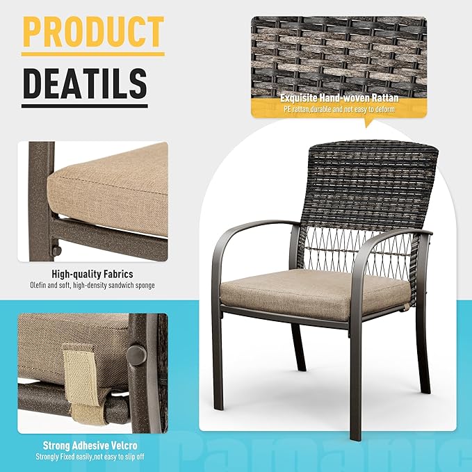 Pamapic 7 Piece Patio Dining Set for 6,Wicker Outdoor Furniture Set for Backyard Garden Deck Poolside with Iron Slats Table Top,4 Dining Chairs and 2 Swivel Rockers,Removable Cushions(Beige)