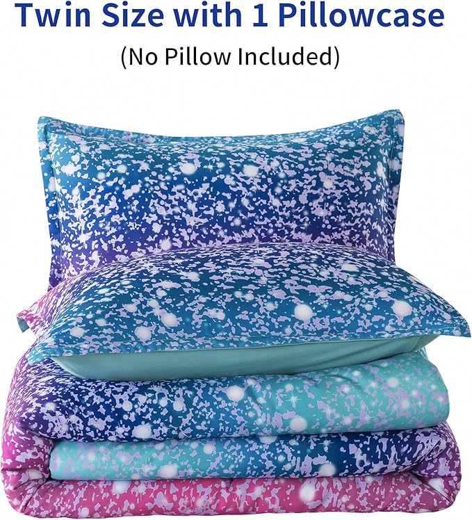 Litanika Galaxy Comforter Full(79x90lnch), 3 Pieces(1 Blue Glitter Ombre Comforter, 2 Pillowcases), 3D Colorful Rainbow Bedding Set, Microfiber Comforter Set for Kid Boy Girl Teen