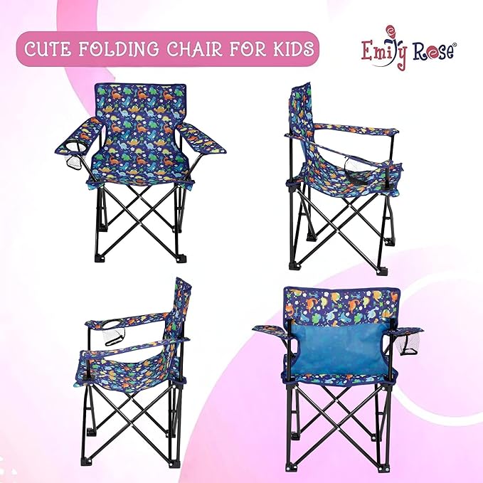 Emily Rose Kids Folding Chair | Beach Chair with Safety Lock- Camping Chair for Boyos Girls Toddler with Cup Holder & Carry Case- Tailgate, Travel, Lawn- for Indoor & Outdoor (Playful Dinosaurs)