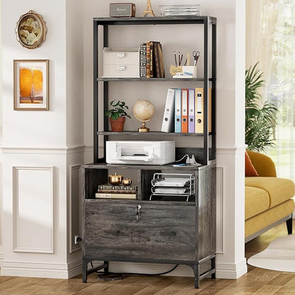 Homieasy File Cabinet with Charging Station, Vertical Filing Cabinet with Lock & Large Drawer, Printer Stand with Storage Shelves, Office Storage Cabinet fits Letter/A4/Legal Size, Grey