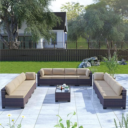 Kullavik 14PCS Outdoor Patio Furniture Set PE Wicker Rattan Sectional Sofa Patio Conversation Sets,Sand