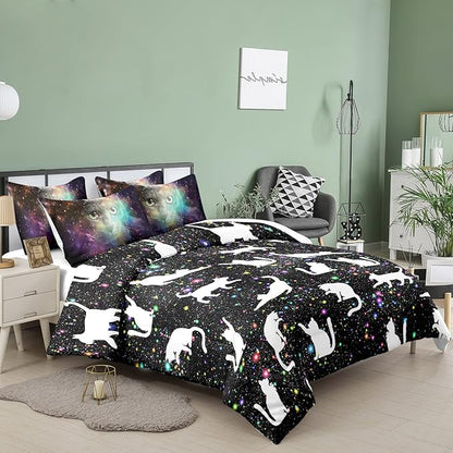 Tailor Shop Cat Comforter Set for Kids Boys Girls Teens Cute Cartoon Cat Galaxy Bedding Sets Black Dreamy Outer Space Full Size with 1 Comforter 2 Pillow Shams
