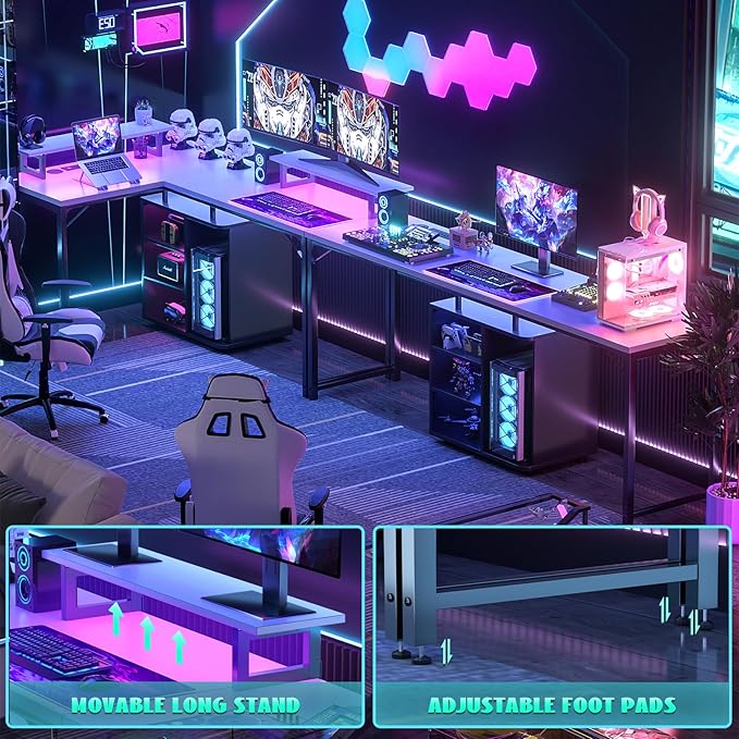 Cyclysio L Shaped Gaming Desk with Wood Cabinet, 58" Large Corner Desk with LED Lights & Power Outlet, Reversible Computer Desk with Monitor Stand, Home Office Desk 2 Person Corner Desk, White Black