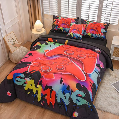 Aimuan Gamer Gaming Bedding Sets 3D Gamepad Comforter Sets for Boys Games Console Action Buttons Novelty Colorful Game Controller Modern Room Decor Home Quilt Set (Black, Twin 6PCS)