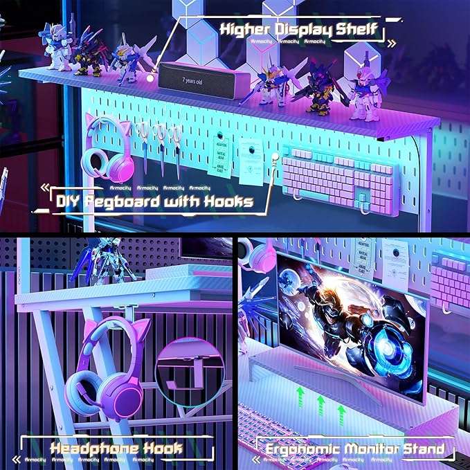Gaming Computer Desk with Storage Shelves & Z-Shaped Legs, White Gaming Desk with Hutch and LED Lights, Reversible PC Gaming Desk with Pegboard for Bedroom & Small Spaces, Carbon Fiber Surface, 47''