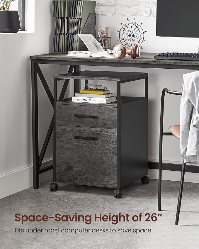 VASAGLE File Cabinet, Mobile Filing Cabinet with Wheels, 2 Drawers, Open Shelf, for A4, Letter Size, Hanging File Folders, Charcoal Gray and Black UOFC071B04