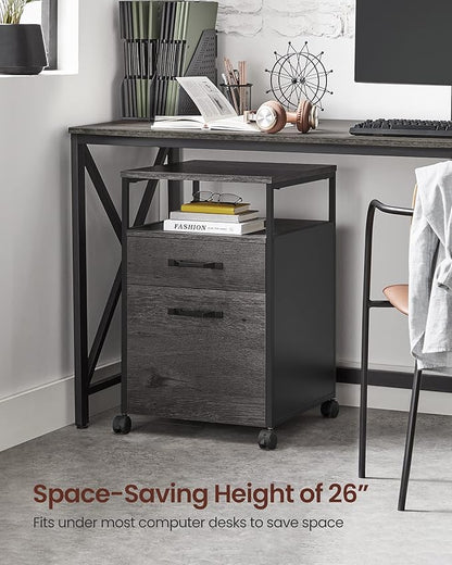 VASAGLE File Cabinet, Mobile Filing Cabinet with Wheels, 2 Drawers, Open Shelf, for A4, Letter Size, Hanging File Folders, Charcoal Gray and Black UOFC071B04