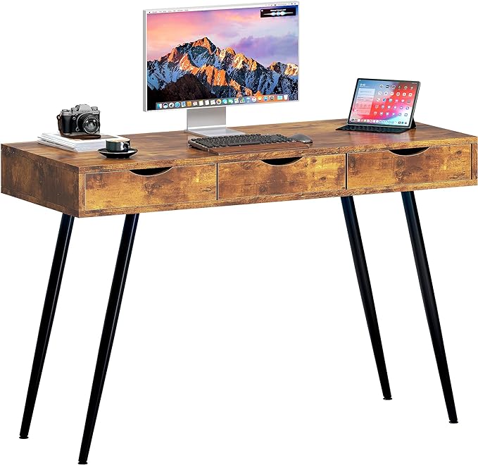 sogesfurniture Mid Century Writing Computer Desk with 3 Drawers, Makeup Vanity Table, 43.3'' Writing Study Desk for Home Office, Dressing Table, Rustic Brown