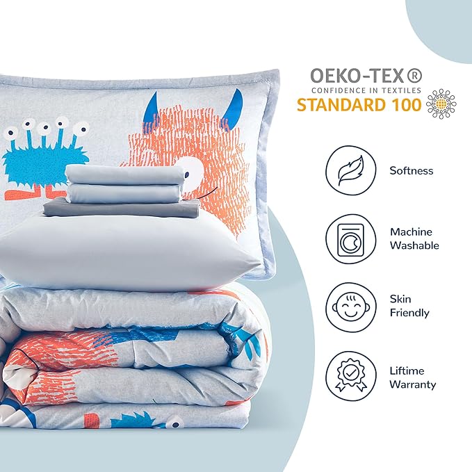 SLEEP ZONE Kids Twin Bedding Comforter Set - Super Cute & Soft Kids Bedding 5 Pieces Set with Comforter, Sheet, Pillowcase & Sham (Monster)