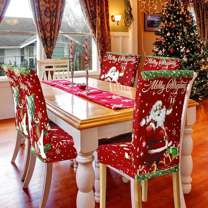 Ganeen 6 Pcs Christmas Chair Covers Merry Christmas Chair Back Cover Stretch Christmas Seat Cover Washable Xmas Dining Chair Protector Slipcover for Dining Room Kitchen Holiday Party (African Style)