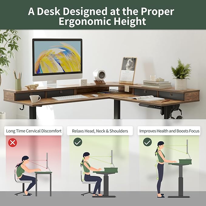 FEZIBO 63" L Shaped Standing Desk with 4 Drawers, Electric Standing Gaming Desk Adjustable Height, Corner Stand up Desk with Splice Board, Black Frame/Rustic Brown Top