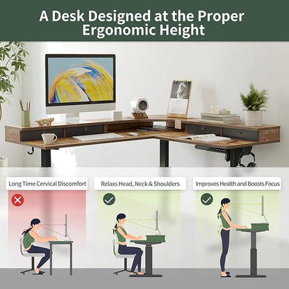 FEZIBO 63" L Shaped Standing Desk with 4 Drawers, Electric Standing Gaming Desk Adjustable Height, Corner Stand up Desk with Splice Board, Black Frame/Rustic Brown Top
