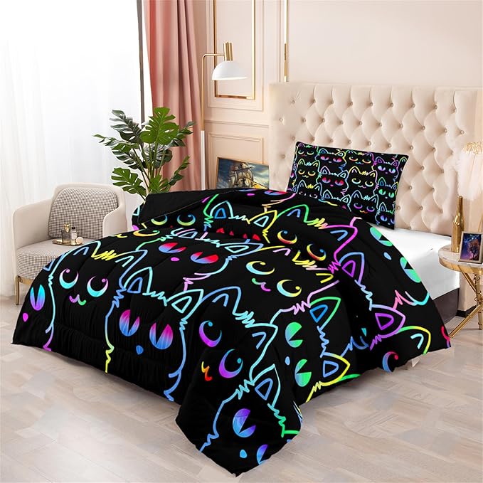 Cat Twin Bedding Set for Girls - Cute Cartoon Cat Comforter Set for Girls Bedroom Ultra Soft Cats Patterns Bedding Set with 1 Cat Quilt and 1 Pillowcase Kids Girls Room Decor, Twin Size