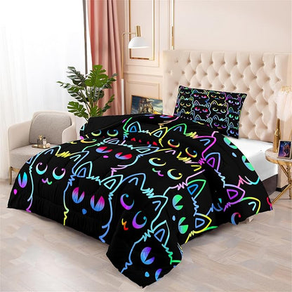 Cat Twin Bedding Set for Girls - Cute Cartoon Cat Comforter Set for Girls Bedroom Ultra Soft Cats Patterns Bedding Set with 1 Cat Quilt and 1 Pillowcase Kids Girls Room Decor, Twin Size