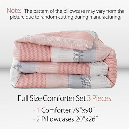 Andency Stripe Comforter Set Full Size (79x90 Inch), 3 Pieces Pink Patchwork Striped Comforter, Soft Microfiber Down Alternative Comforter Bedding Set with Corner Loops