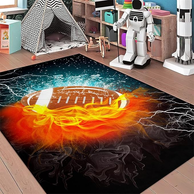Football Rug Football Decor for Boys Bedroom Football Rug Water and Fire Cool Room Decoration Soccer Rug for Boys Room Football Printed Rug for Kids Room Playmat Rugs for Kids Room Living Room,4'×5'