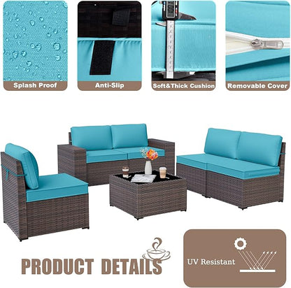 Patio Furniture Set Sofa 6-Piece Wicker PE Rattan Sectional Sofa Set, Outdoor Furniture Patio Conversation Sofa Set with Glass Coffee Table, Blue