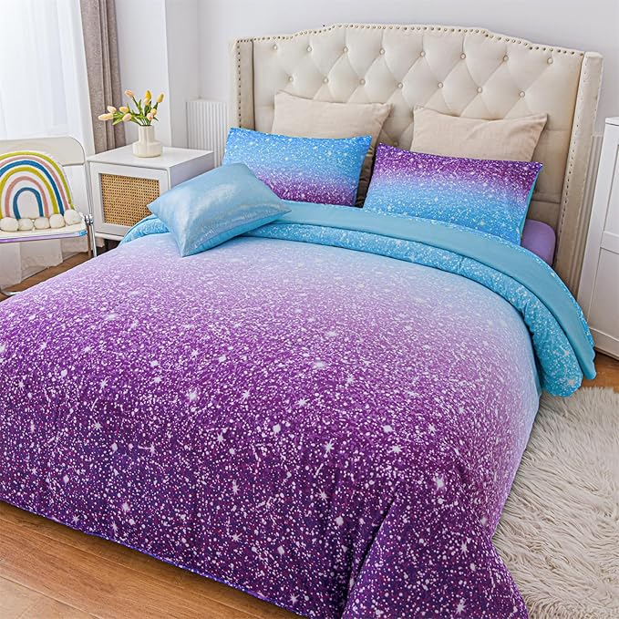 A Nice Night Girls Comforter Set Full Size 6 Piece Bed in A Bag 3D Colorful Sparkle Galaxy Rainbow Bedding Comforter Sheet Sets for Kids,BluePurple