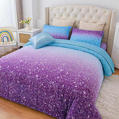 A Nice Night Girls Comforter Set Full Size 6 Piece Bed in A Bag 3D Colorful Sparkle Galaxy Rainbow Bedding Comforter Sheet Sets for Kids,BluePurple