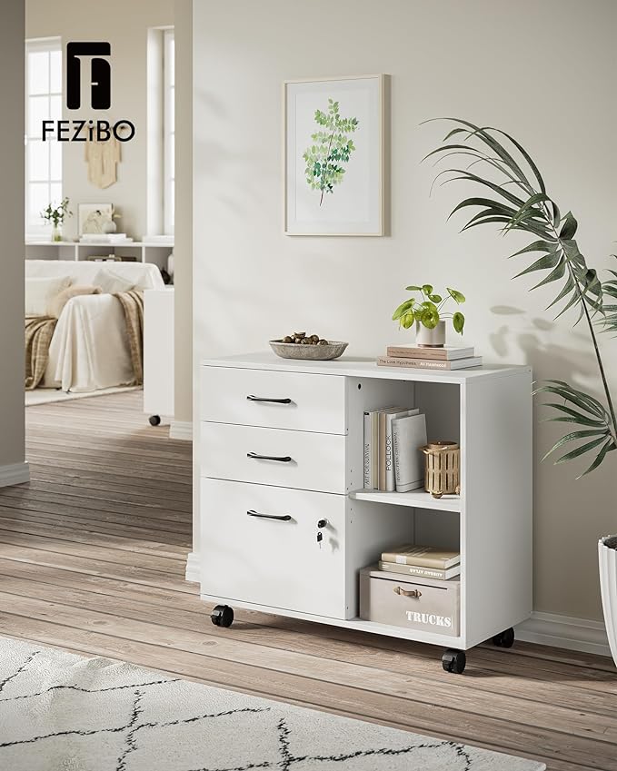FEZIBO 3-Drawer Mobile File Cabinet, Lateral Filing Cabinet with Lock, Printer Stand with Open Storage Shelves for Home Office, Filing Cabinets for Home Office, White