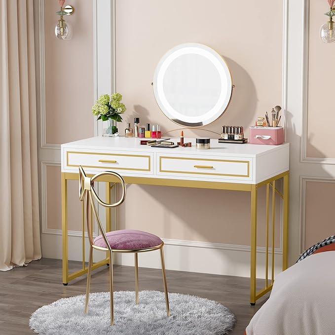 47’’ Computer Desk with 2 Drawers, White Gold Writing Desk Make Up Vanity Table