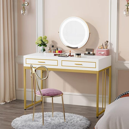 47’’ Computer Desk with 2 Drawers, White Gold Writing Desk Make Up Vanity Table