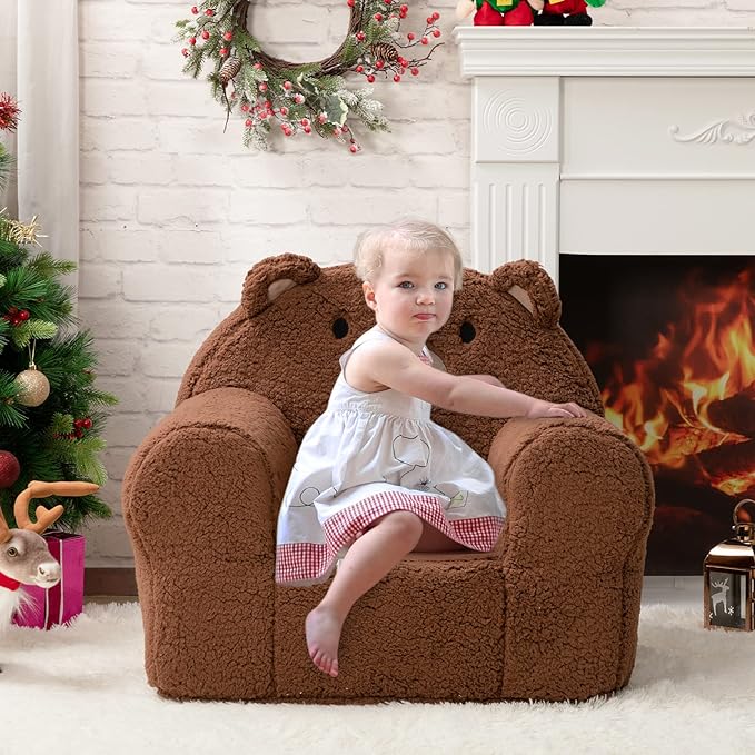 ALIMORDEN Kids Ultra-Soft Snuggle Foam Filled Chair, Toddler Cuddly Sherpa Sofa for Boys and Girls, Large Size Chair Better Support More Comfortable Experience, Caramel Bear