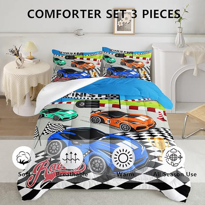 Axolotl Racing Car Bedding Set Full,Cool Speed Race Car Down Comforter for Kids Boys Girls Teens,Racing Car Comforter Set Car Theme with Three Cars Arrive at Finish,1 Comforter and 2 Pillowcases