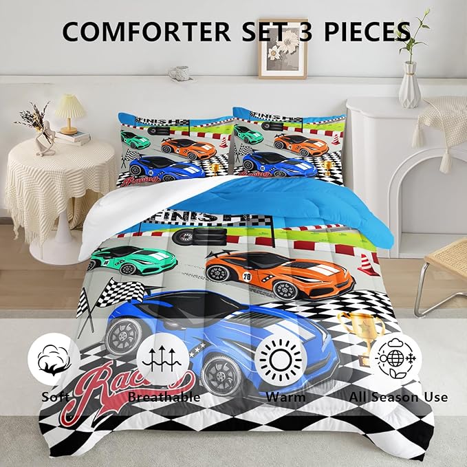 Axolotl Racing Car Bedding Set Queen,Cool Speed Race Car Down Comforter for Kids Boys Girls Teens,Racing Car Comforter Set Car Theme with Three Cars Arrive at Finish,1 Comforter and 2 Pillowcases