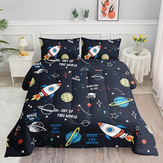 Datura home Space Ship Galaxy Comforter Set Astronaut Rocket Printed Quilt Bedding with 1 and 2 Pillowcases for Boys Girls Bedroom All Season(Space Full), A-space, Full 80x90inches