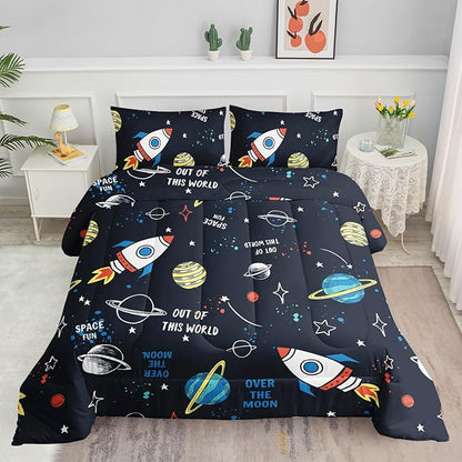 Datura home Space Ship Galaxy Comforter Set Astronaut Space Rocket Printed Quilt Bedding Set with 1 Comforter and 2 Pillowcases for Boys and Girls Bedroom All Season(Space Twin)