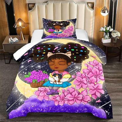 Black Girls Twin Comforter Set for Girls Teens Adults Twin Size Comforter Sets African Girl Comforter Set Cute Afro Princess Bedding Set Girls Bedroom Set, 1 Comforter + 1 Pillowcase