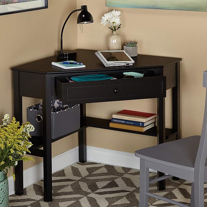 Target Marketing Systems Wood Corner Desk with One Drawer and One Storage Shelf, Black