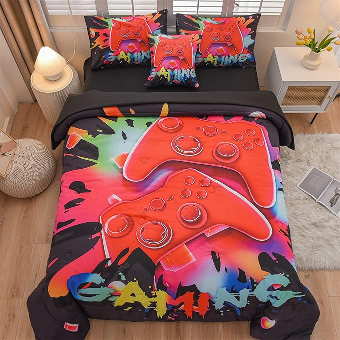 Aimuan Gaming Comforter Sets for Boys Kids Bedding Sets Video Games Console Action Buttons Novelty Colorful Game Gamepad Controller Modern Gamer Room Decor Home Quilt Set (Queen 6 Pcs,Black)